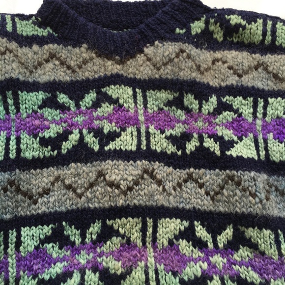 Chunky Wool Hand Knit Equador Fair Isle Sweater Pullover Sz S - M El Sol - Picture 2 of 6